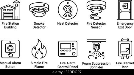Smoke detectors and fire safety suppression equipment outline icons featuring station and control panels. Stock Vector