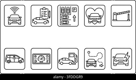 Smart car technology and automotive service icon collection features dashboard fuel electric vehicle symbols. Stock Vector
