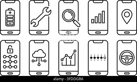 Smartphone settings and utility icons collection contains black outline symbols for mobile device management. Stock Vector