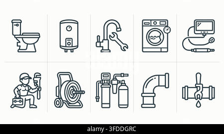 Set of plumbing line icons including toilet water heater faucet washing machine and pipe repair tools. Stock Vector