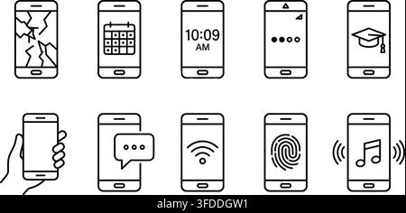 Smartphone linear icons set featuring broken screen calendar time education hand holding and music interface. Stock Vector