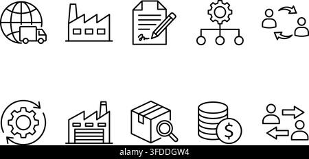 Supply chain logistics thin line icon set featuring global delivery warehouse management and distribution. Stock Vector