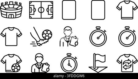 Soccer match referee and stadium icons provide essential symbols for game management and sports event planning. Stock Vector