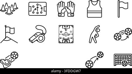 Soccer training icon set in outline style featuring whistle cones jersey gloves and field strategy symbols. Stock Vector