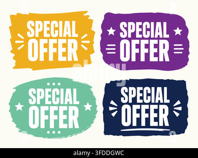 Special offer text labels with brush stroke backgrounds in various colors for marketing labels and promotion. Stock Vector