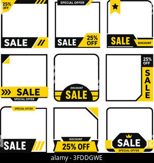 Social media frame templates with black and yellow sale labels for online advertising and product marketing. Stock Vector