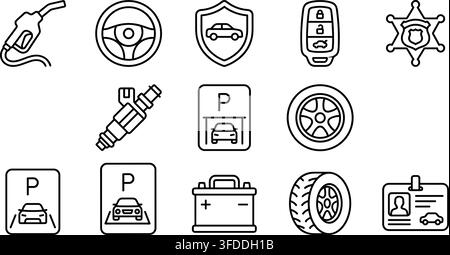 Transportation outline icon set featuring car parts fuel pump and parking signage for automotive design projects. Stock Vector