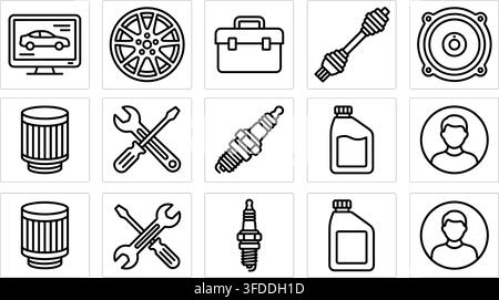 Vehicle maintenance thin line icons collection with car parts diagnostic monitor tools and lubricant bottles. Stock Vector