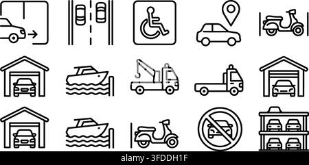 Vehicle parking services and transport logistics outline icon set for urban navigation sign solutions. Stock Vector