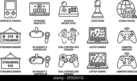 Video games and streaming linear icons set with handheld console vr headset controllers and laptop gaming. Stock Vector