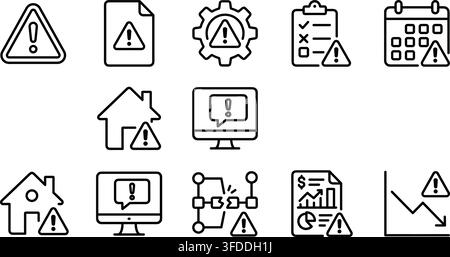 Warning and error notifications outline icons collection with alert sign documents and software interface. Stock Vector