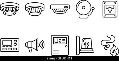 Thin line fire alarm system smoke detector sensor sound siren and emergency alert icon set on transparent. Stock Vector