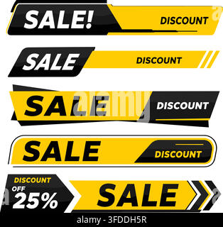 Yellow and black sale discount banners for various promotional offers and marketing campaigns. Stock Vector