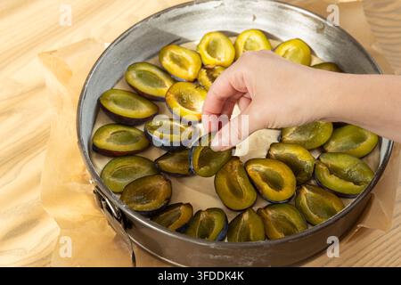Woman hand placing fresh plum halves on raw dough in baking tin preparing plum pie Stock Photo