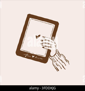 Vintage illustration of a girls hand holding an e-reader or tablet. Vector outline clip art in brown Stock Vector