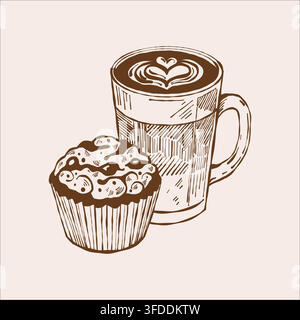 Vintage outline illustration of coffee in a cup and a muffin. Breakfast, dessert, cappuccino. Vector linear food clipart in brown color Stock Vector