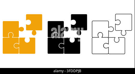 Puzzle pieces collection with solid, outline and connected jigsaw blocks vector set. Vector illustration Stock Vector