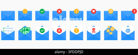Email envelope notification flat icon collection set. Vector illustration Stock Vector