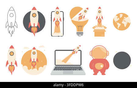Rocket launch and space start up flat icon collection Stock Vector