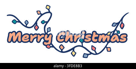 Merry Christmas lettering with lights garland. Holiday quote festive typography. Vector illustration Stock Vector