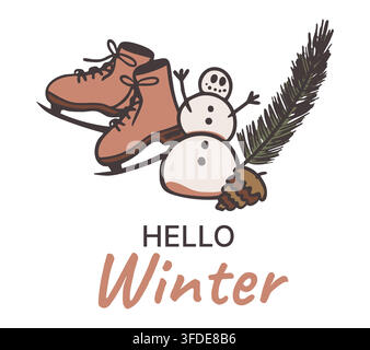Hello winter card. Ice skates and snowman with pine branch lettering poster. Vector illustration Stock Vector