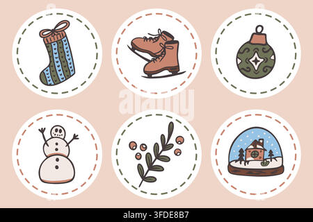 Christmas round stickers set vector illustration. Winter holiday gift tags and badges collection Stock Vector