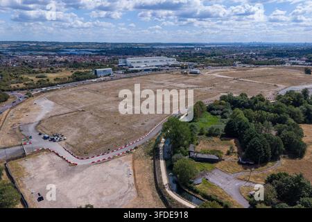 Panoramic aerial view of Sunset Waltham Cross Studios site before construction, UK (August 2026). Stock Photo