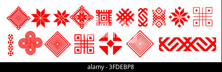 Vector red set of seamless national ornament. Ethnic pattern of Slavic peoples, Cross stitch template Stock Vector