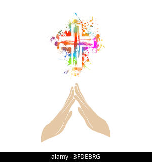 Hands folded in prayer at a religious cross Hand drawn. Not AI, vector illustration. Stock Vector