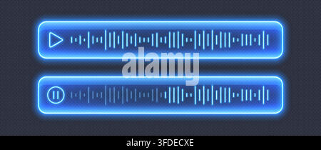 Neon voice message, blue glowing audio player with sound waves. Stock Vector
