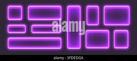 Glossy neon buttons, glowing glass banners in purple color. Stock Vector