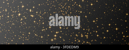Golden sparkling stars, shiny particles light effect, transparent flying stardust texture Stock Vector