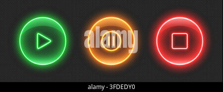 Neon media player buttons. Glossy glowing audio control icons. Stock Vector