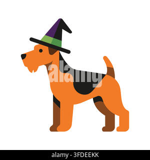 Flat vector illustration of a cute Airedale Terrier dog wearing a purple and green witch hat for Halloween, isolated on a white background Stock Vector
