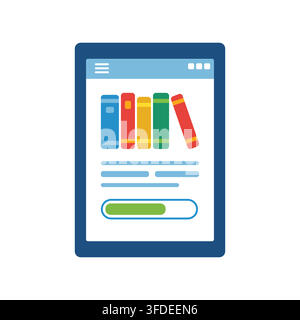 Digital Library and E-learning Concept Vector Illustration on Tablet Screen on white background isolated Stock Vector