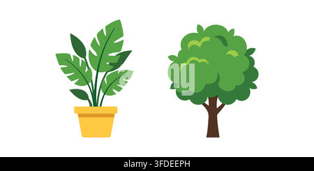 Houseplant in Yellow Pot and Green Tree Isolated on White Background Stock Vector