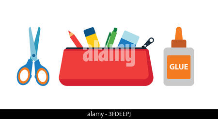 School Supplies Set Including Pencil Case Scissors And Glue Bottle on white background isolated Stock Vector