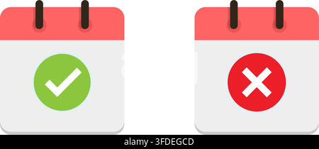calendar icons with green check mark and red cross mark symbol options to indicate date approval or rejection status Stock Vector