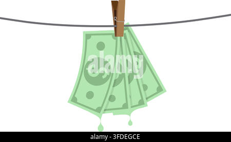 illustration of green dollar bills hanging on a clothesline with a peg to represent money laundering concept. Stock Vector