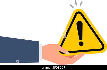 human hand holding a yellow triangle warning sign with an exclamation mark to notify about risk, hazard, or error. Stock Vector