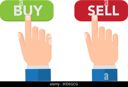 illustration showing human hands choosing to press buy and sell action buttons for online trading transactions Stock Vector