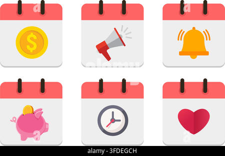 collection of six calendar icons featuring money promotion alert savings time and love symbols for schedule planning Stock Vector