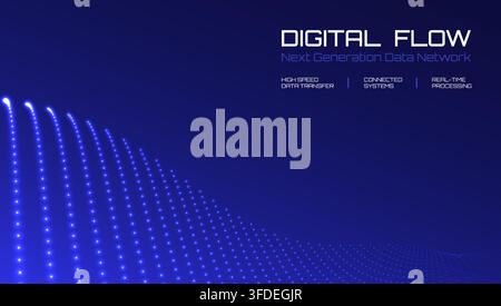 Digital technology background with glowing blue particle waves. Bright data lines. Futuristic network for data transfer, systems, processing Stock Vector
