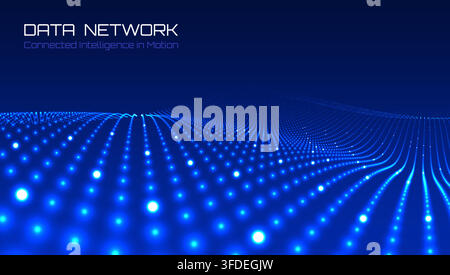 Futuristic data network with glowing blue particles. Flowing digital waves. Artificial intelligence visualization. Connectivity, computing or advanced Stock Vector