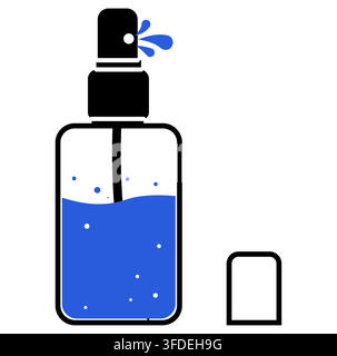 Blue liquid spray bottle icon with black pump three droplets separate cap bubbles dip tube and wavy fill. Great for cosmetic fragrance cleaning disinf Stock Vector