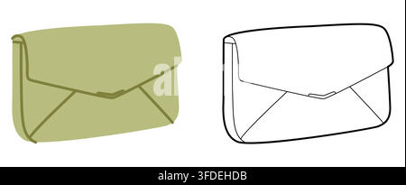 Envelope clutch silhouette bag with flap closure. Fashion accessory technical illustration. Vector satchel front 3-4 view for Men, women, unisex style Stock Vector