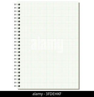 Pale Green engineering grid notebook page shows fine squared ruling, side wire binding, and upright portrait format on light gray background. Suitable Stock Vector