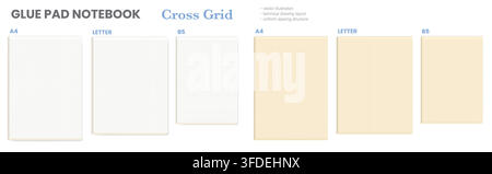 Set of six cross grid glue pad sheets spanning A4 Letter, B5 formats, in ivory and white, displaying evenly spaced plus marks. Suitable for planner pa Stock Vector