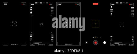 Mobile phone camera rec overlay mockup pack isolated on black bg. Recorder cam display. Video or photo recording screen. Viewfinder Layout template. V Stock Vector