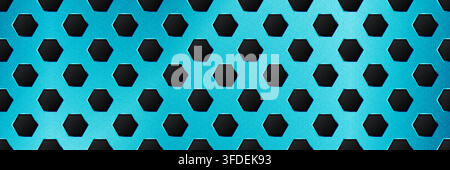 Blue seamless perforated metal sheet realistic texture. Metal chrome grill plate with hexagon holes. Modern design carbon radiator bg. Macro speaker r Stock Vector